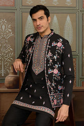 Black Mens Kurta with Stylish Koti for Wedding Wear